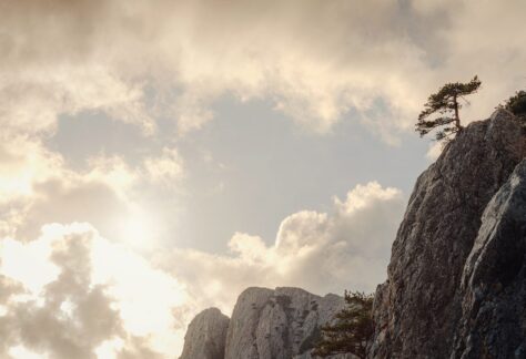 beautiful sunset in mountains, silhouettes of rocks and trees.