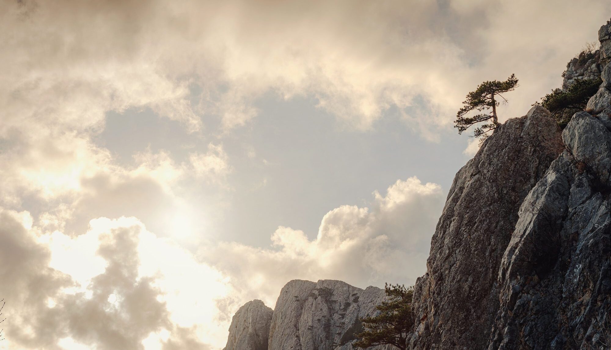 beautiful sunset in mountains, silhouettes of rocks and trees.